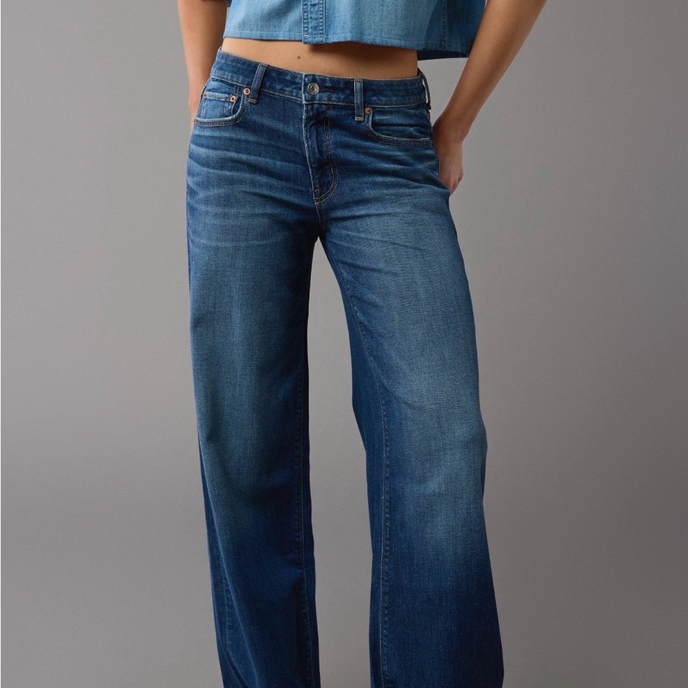 AE American Eagle stretch wide leg Baggy Blue Jeans Size 14 dreamy drape